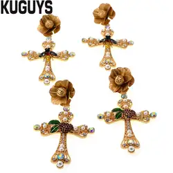 KUGUYS роскошные золотые большие крест Висячие серьги для женщин Гипербола ювелирные изделия барокко Роза жемчужные серьги с кристаллами