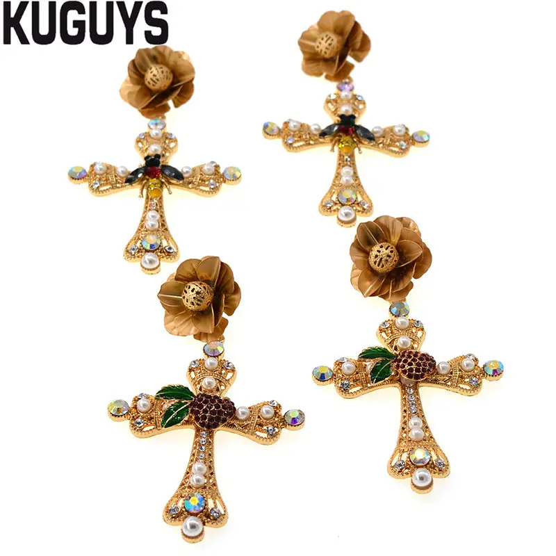 

KUGUYS Luxury Golden Large Cross Drop Earrings for Women Hyperbole Jewelry Baroque Rose Pearl Crystals Earring Party Accessories