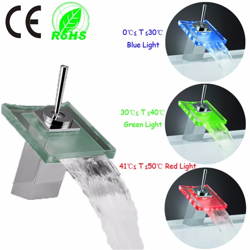 Led Стекло Водопад латунь кран для ванной комнаты на бортике бассейна Раковина 3 цвета