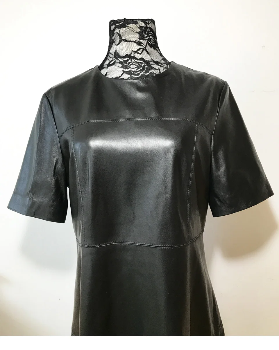 Модная женская Высококачественная овчина круглый вырез обтягивающий с короткими рукавами Сексуальное Милое ТРАПЕЦИЕВИДНОЕ однотонное черное платье из натуральной кожи XXXL