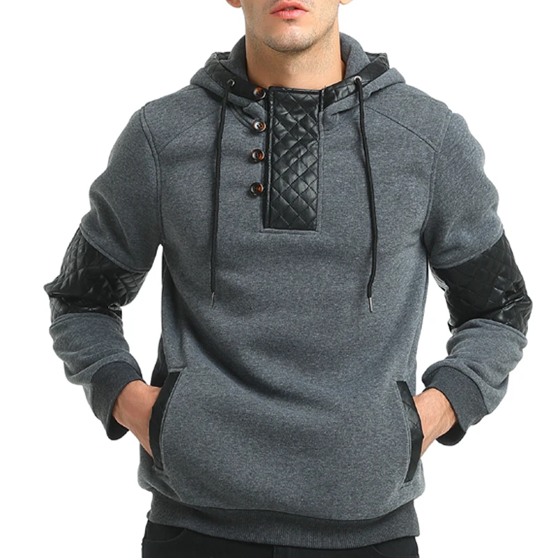 Brand 2018 Hoodie Patchwork Leather Hoodies Men Fashion Tracksuit Male