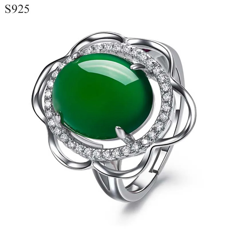 

Genuine Real Pure Solid 925 Sterling Silver Rings for Women Jewelry Flower Cubic Zircon Natural Chrysoprase Female Ring