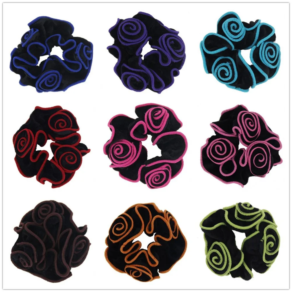 Furling 2pcs Spanish Rose Flower Velvet Hair Scrunchies Ponytail Holder