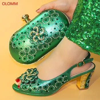 

OLOMM beautiful green Italian Shoes With Matching Bags African Women Shoes and Bags Set For Prom Party Summer Sandal!YRP1-10