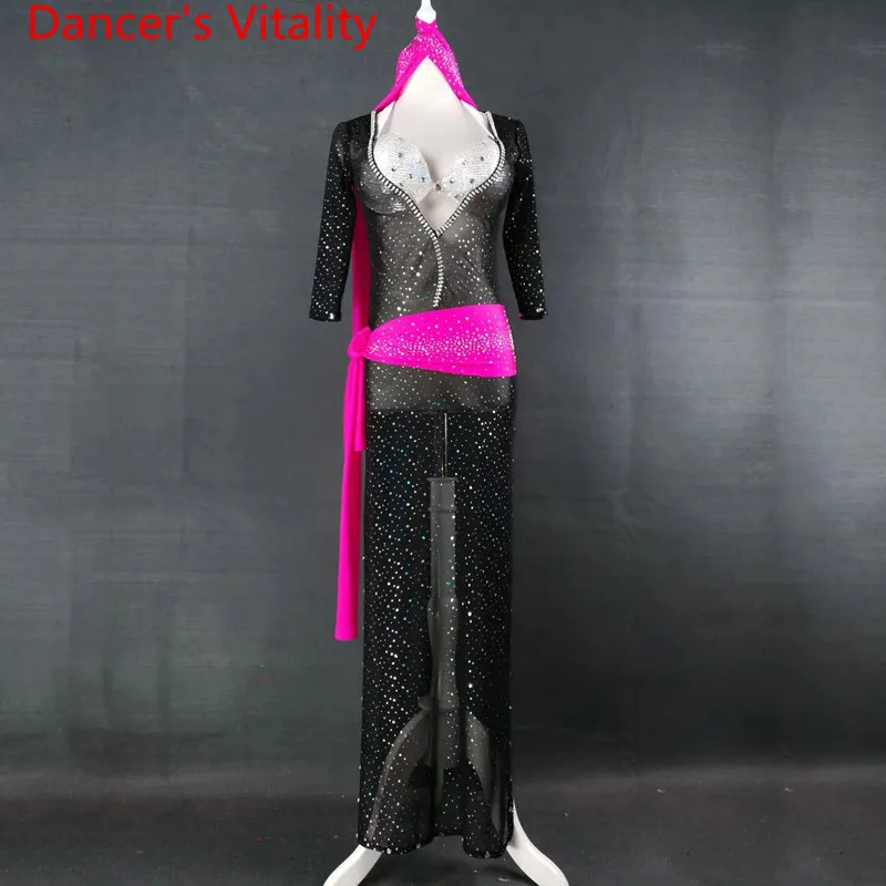 

Customized Belly Dance Practice Sparkling Rhinestone Dress Bra Belt Oriental Indian Dance Wear Performance Costume Clothes Suit