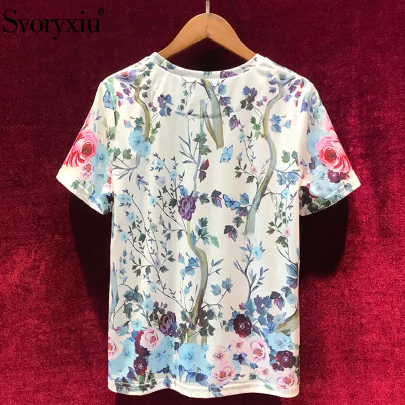 Kopen Svoryxiu 2019 Zomer Elegante Bloemenprint Katoen Tops Tees vrouwen Mode Diamant Applicaties Big Size T Shirts Vrouwelijke