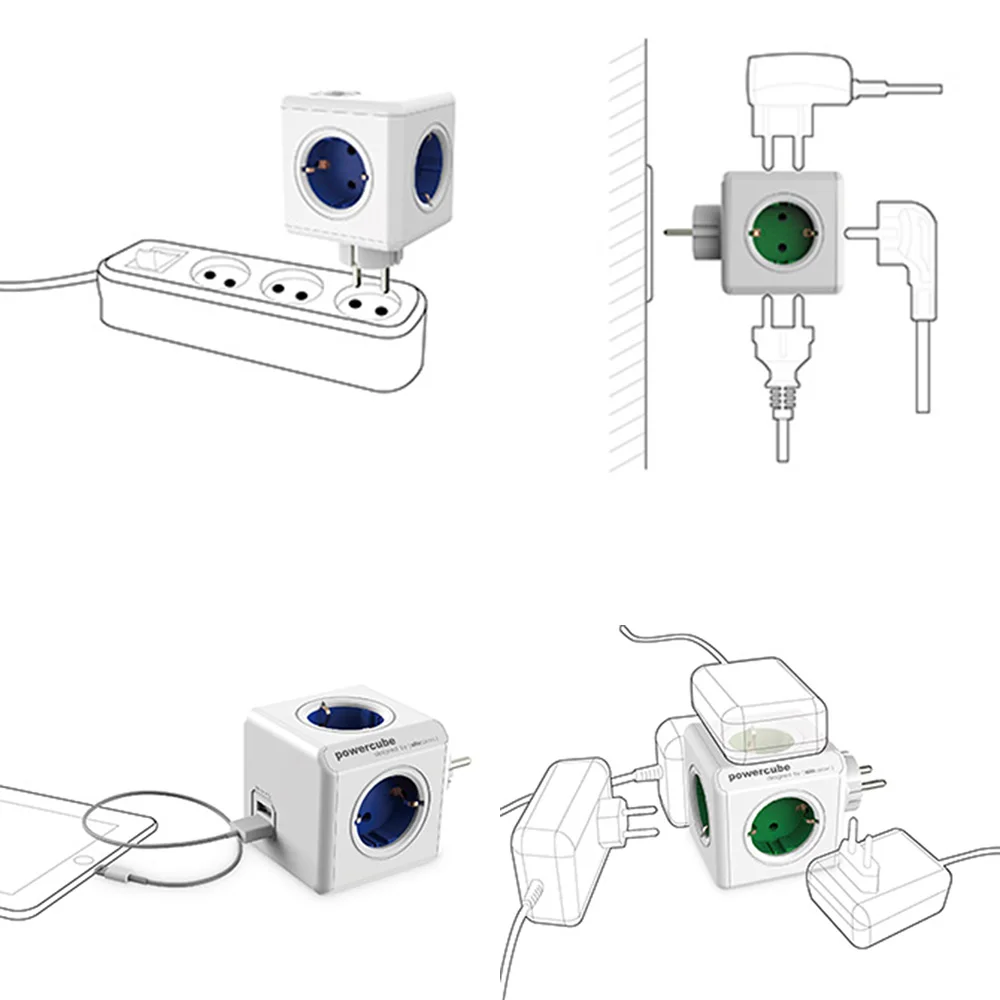 Allocacoc Удлинитель силовой ленты дизайн силовой куб розетка ЕС вилка 4 розетки двойной usb-порт адаптер-6A 250