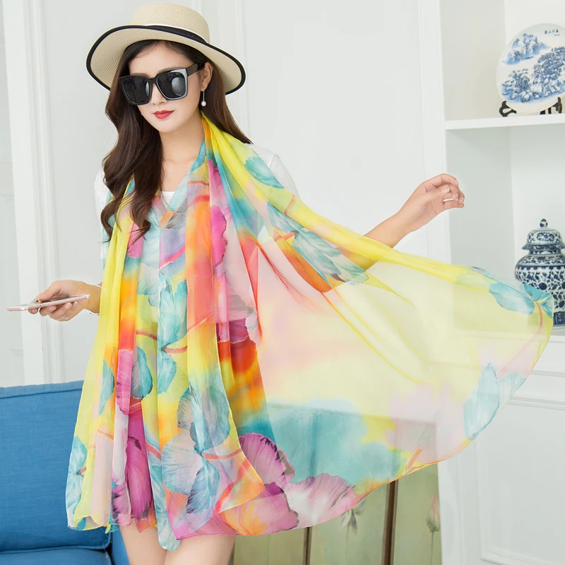 

2018 Spring Women Scarves Chiffon Echarpe Femme Silk Female Shawl Sunscreen Pashmina Summer Print Flower Bufandas Soft Wraps