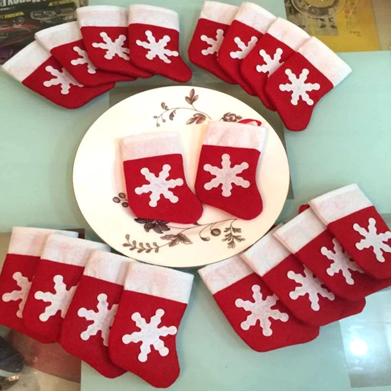 12 Pieces/Set Red Mini Christmas Stockings Dinnerware Cover Xmas Tree Decorations Christmas Decorations Festival Party Ornament