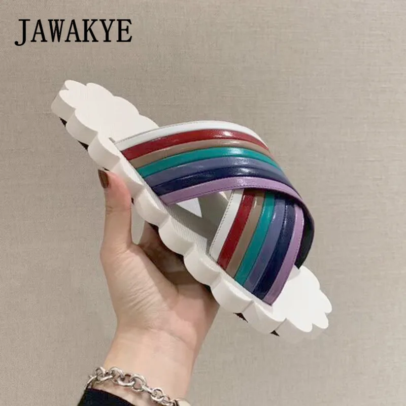 

JAWAKYE Summer Flat Shoes Sandals Women rainbow cross-strap slippers Lace Shape Foam Sole Gold Beach slides Women Loafers Mules