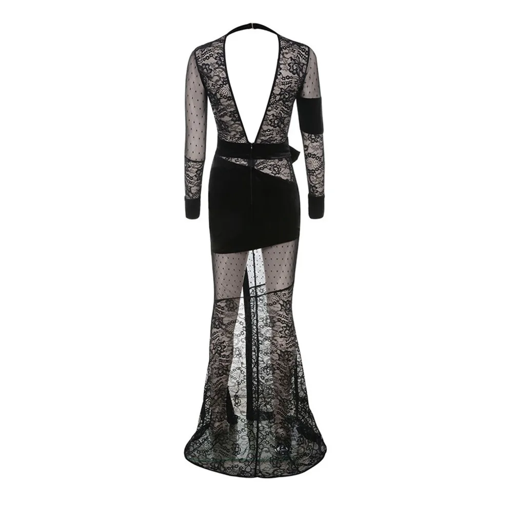 Top Quality Black Long Lace Sleeve Patchwork Open Fork Rayon Long Bandage Dress Elegant Evening Party Dress Top Quality Black Long Lace Sleeve Patchwork Open Fork Rayon Long Bandage Dress Elegant Evening Party Dress