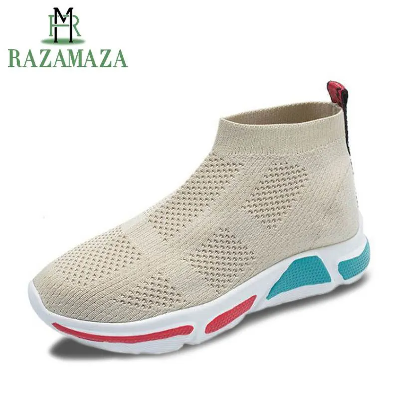 

RAZAMAZA Women Sneaker Breathable Fly Knitting Stretch Shoes Women Casual Round Toe Outdoor Walking Flats Footwear Size 35-39
