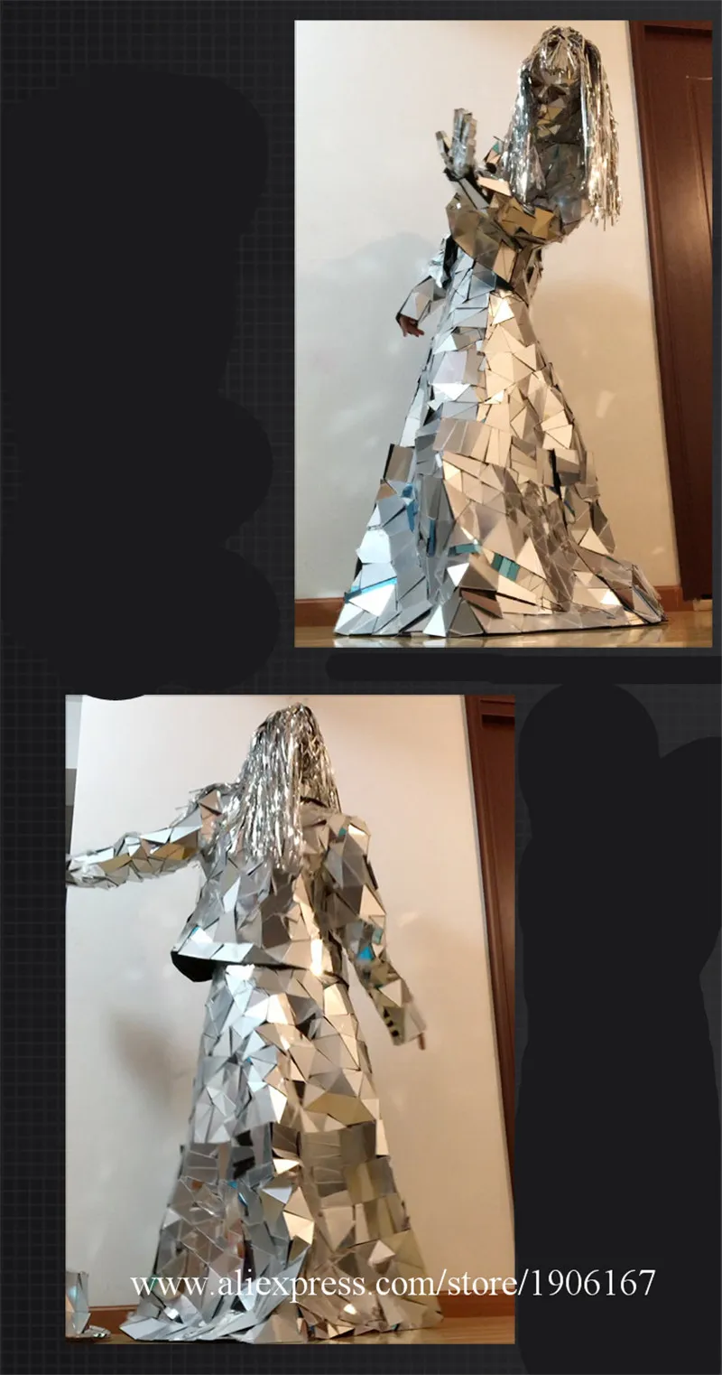 Hand sewing COS nightclub ds performance art set silver mirror face clothes irregular lens stitching dress2