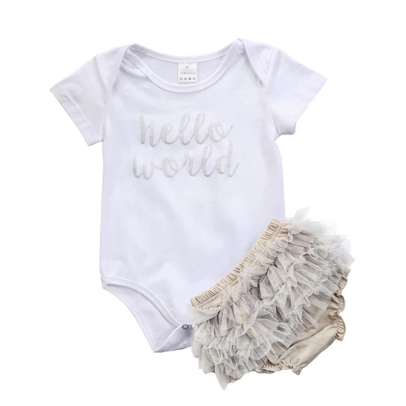 

Newest Infant Toddler Baby Girl 2PCS Hello World Set Short Sleeve Bodysuit Letter Top Ruffled Tulle Layered Bottoms Cute Outfits