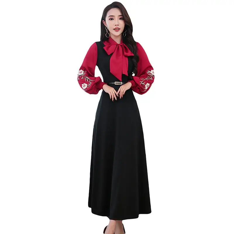 

Women Dress Sets 2019 New Fashion Embroidered Lantern Sleeve Bow Tide Shirt +V-Neck Slim Long Dress 2 Pieces Femme Chic Set J151