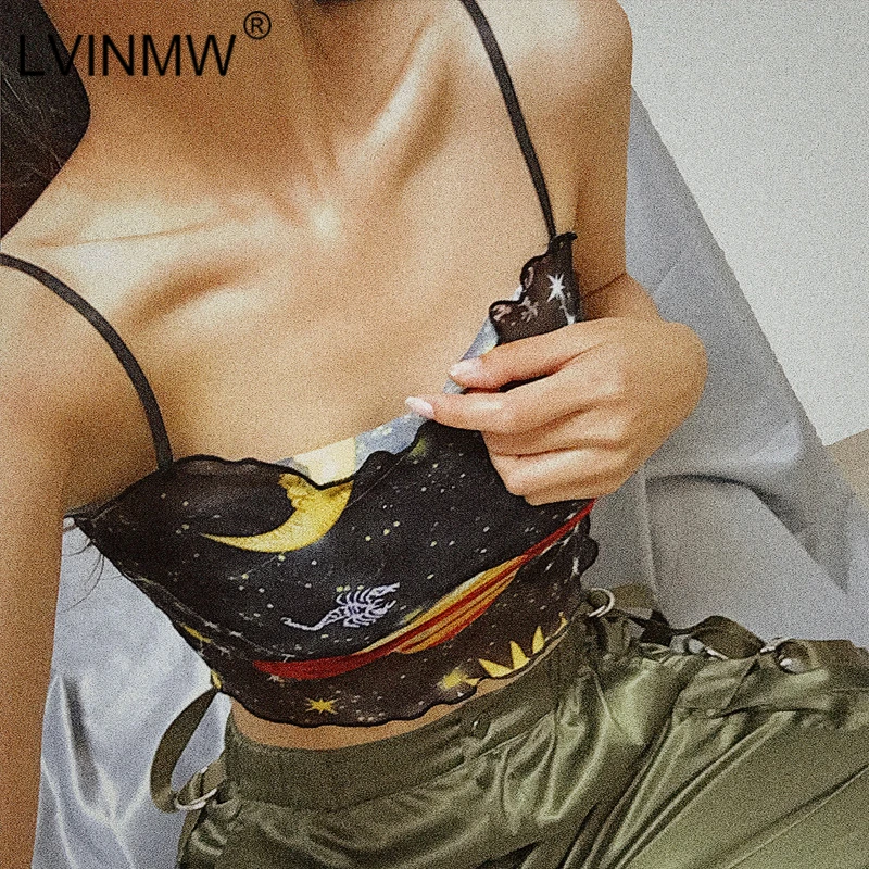 

LVINMW Sexy Galaxy Print Ruffle Mesh See Through Crop Top 2019 Summer Women Off Shoulder Slash neck Camisole Top Female T shirt