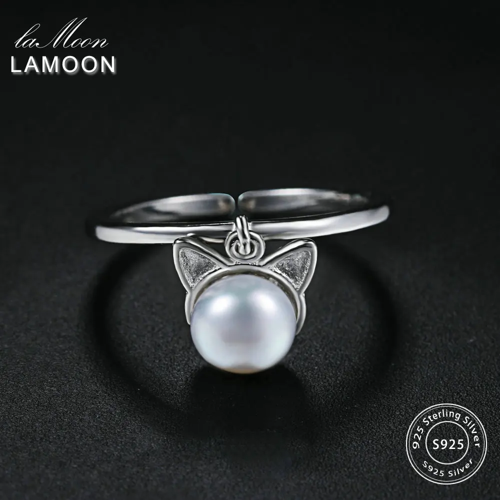 LAMOON Lovely Cat 925-Sterling-Silver Adjustable Rings 6mm Pearls S925 Fine Jewelry for Women Girls Gift Anti Allergy LMRY053