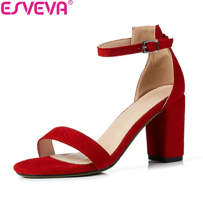 

ESVEVA 2018 Open Toe Women Sandals Buckle Strap Shoes Elegant Flock Summer Ankle Strap Square High Heels Ladies Shoes Size 34-43