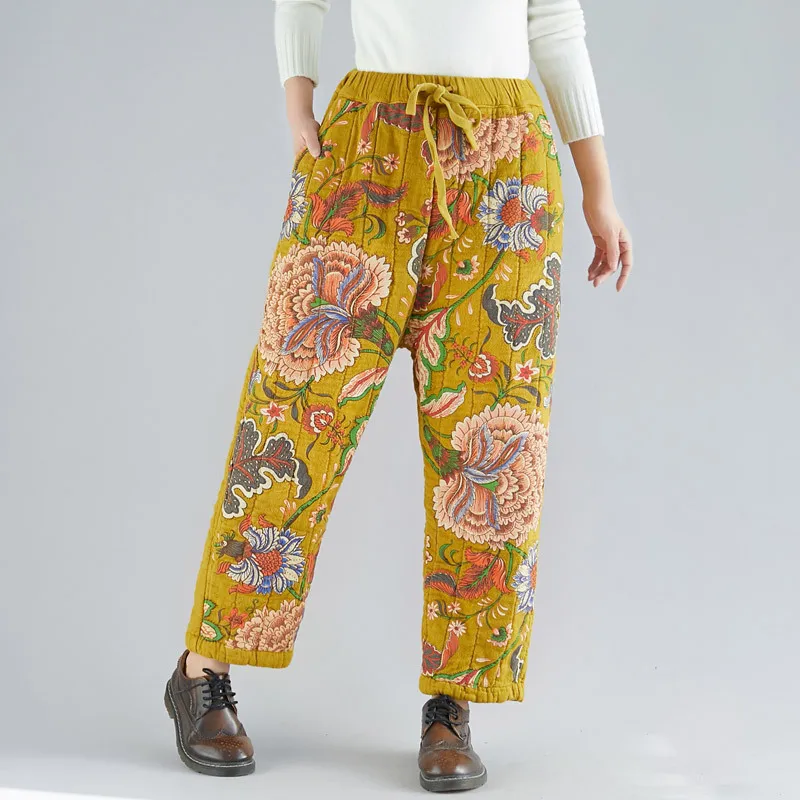 

Johnature Brand Women Thick Straight Pants Print Floral Yellow Trouser 2019 Winter New Elastic Waist Vintage Warm Women Cloths