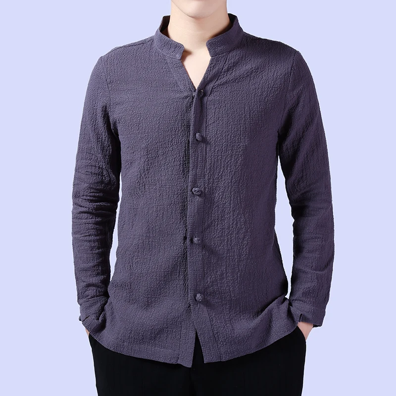 4 цвета Размеры M-4XL китайский Стиль мужские хлопок льняная рубашка Мужской сплошной Цвет Повседневная рубашка с длинным рукавом