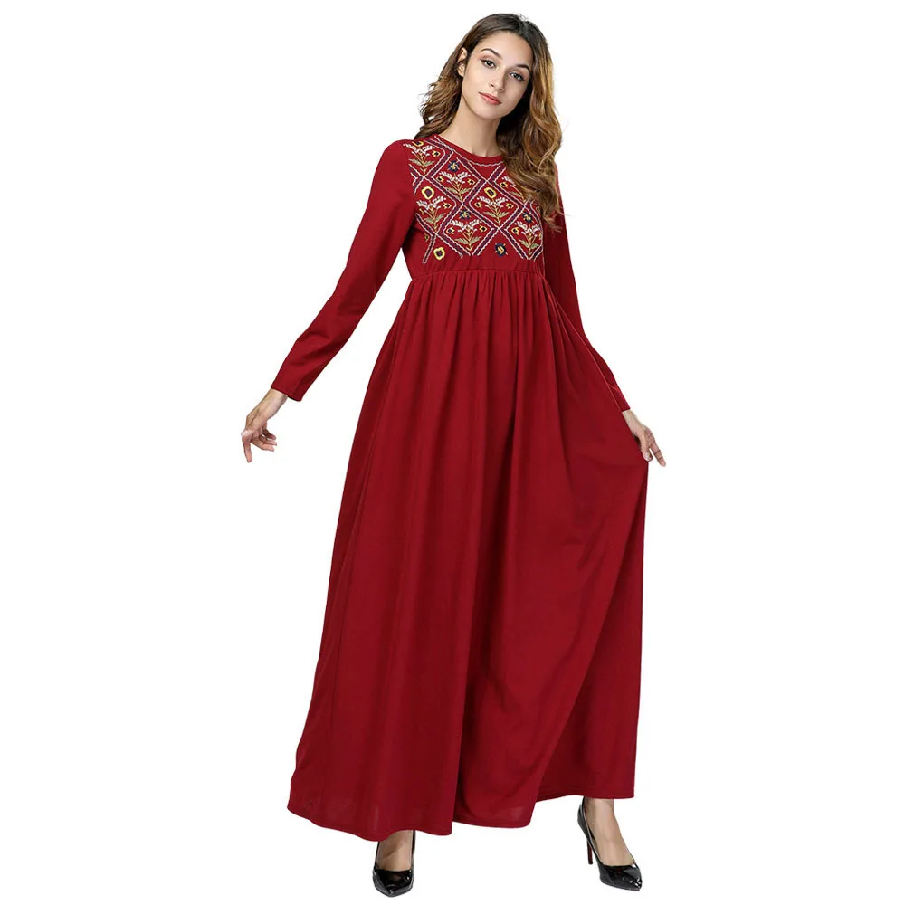 

Full Sleeve Red Floral Dress Embroidery Flower Elegant Bohemian Boho Dress Women Casual Loose Plus Size 4XL Maxi Dress Women