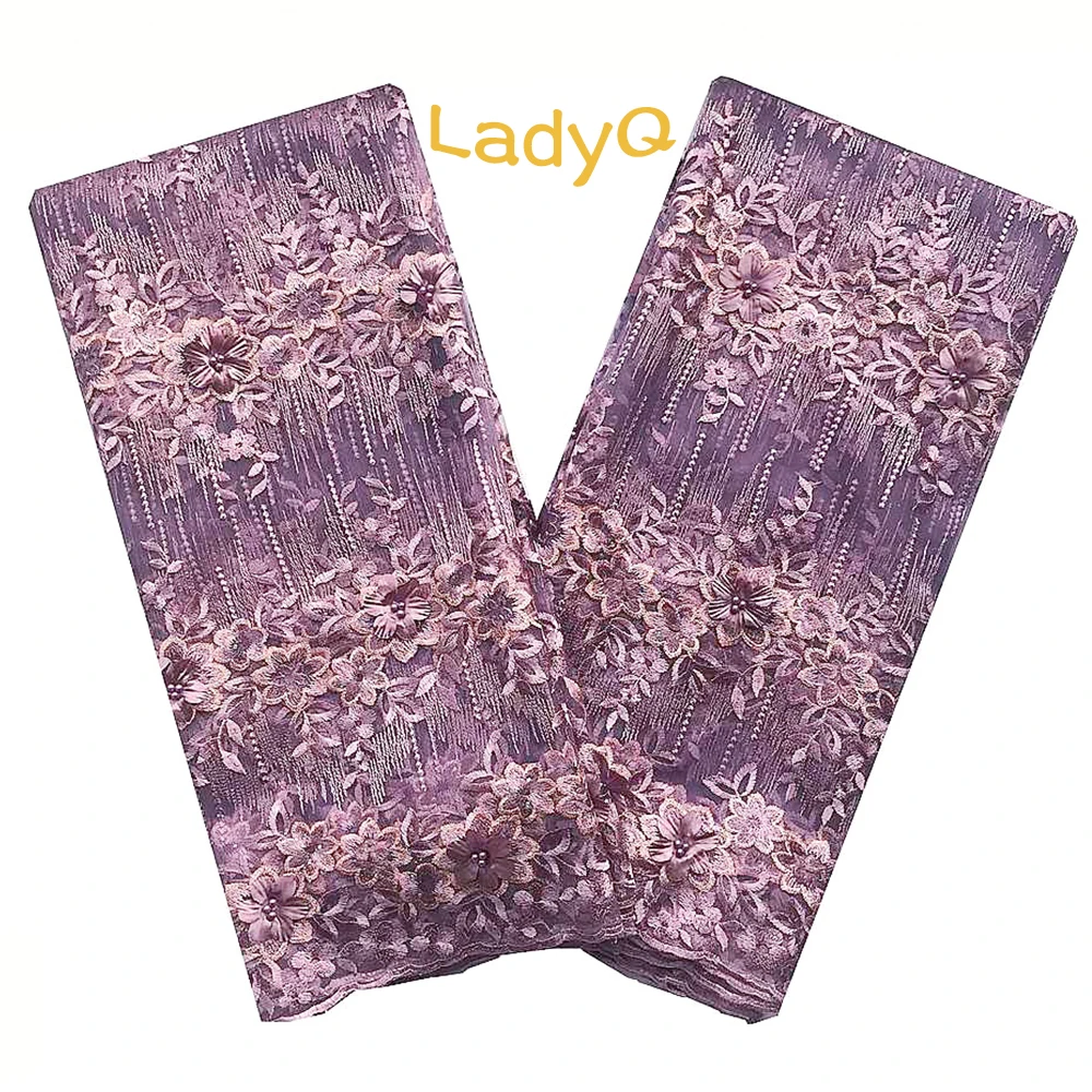 

Wedding Lilac Lace Fabric Nigerian 3D French Lace Fabric with Beaded Applique Embroidered 5 Yards Latest African Laces 2019