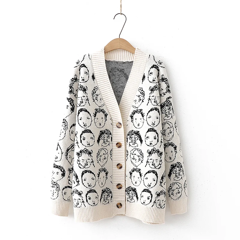 

Autumn Winter casual Women Sweater V-neck Cartoon character Cardigans Button Single Breasted Knit Sweater Harajuku Top