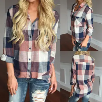 

Plus Size Women Long Shoulder Blouse Ladies SummerLoose Casual Plaid Fashion