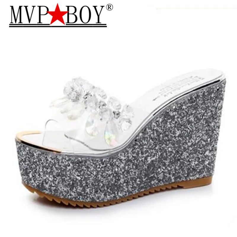 

Mvp Boy Woman 11 cm High Heel Slippers Women Summer Wedges Heel Platform Creeper Slides Slippers Bling Crystal Women Shoes