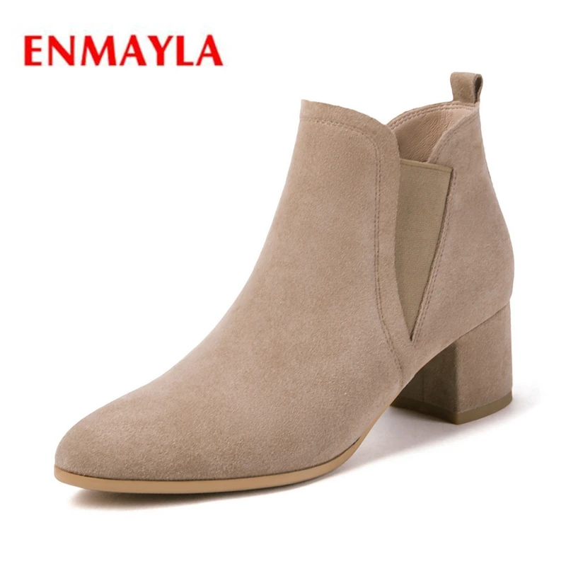

ENMAYLA Women round toe solid square heel slip-on ankle boots lady fashion high heel botas mujer Size 34-39 ZYL1279