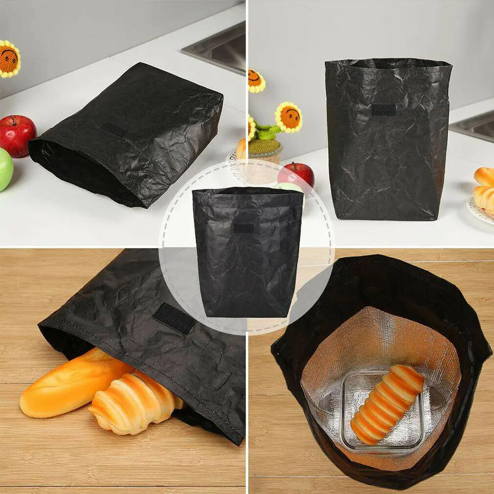 Теплоизоляционная водонепроницаемая переносная сумка для хранения еды для пикника с алюминиевым покрытием из крафт-бумаги сумка для обеда - Цвет: Черный