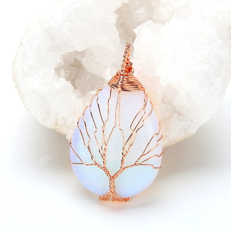 Pendentif en cristal en forme de goutte enveloppé arbre de vie fait à la main, quartz violet naturel, pierre d'opale, document en or rose, collier