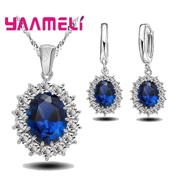 

Genuine 925 Sterling Silver Engagment Bule Cubic Zirconia Pendant Necklace Earrings Woman Jewelry Sets For Wedding