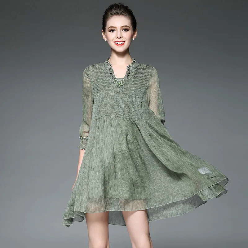 

Plus Size Women Green Dress Summer Loose Waist V Neck Casual Dress