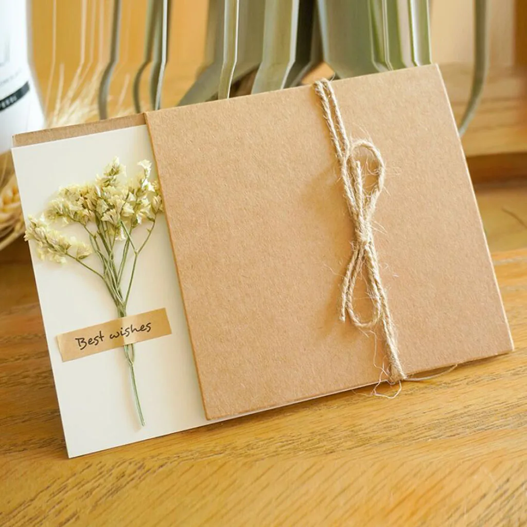 6pcs Rustic Dried Flower Kraft Paper Greeting Cards Handmade Crafts Blank Inside With Envelops