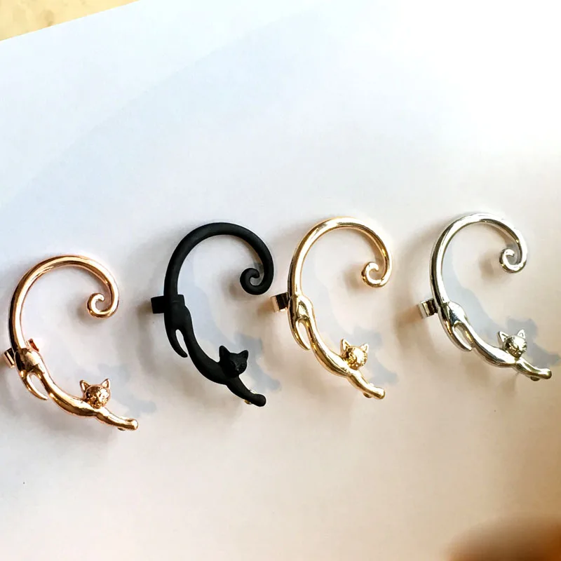 

Top Quality Cat Post Stud Earrings For Women 2019 Rock Gold Cat Ear Cuff Silver Plated Animal Punk Ear Wrap Femme Bijoux