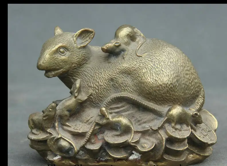 

671115802*++5'' China Brass Wealth Yuan Bao Coin Many Fengshui 12 Zodiac Year Mouse Statue