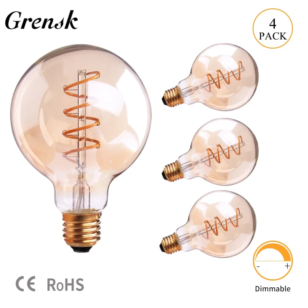Grensk светодиодные спиральные лампы накаливания Эдисона G80 3W Янтарное стекло 2200k
