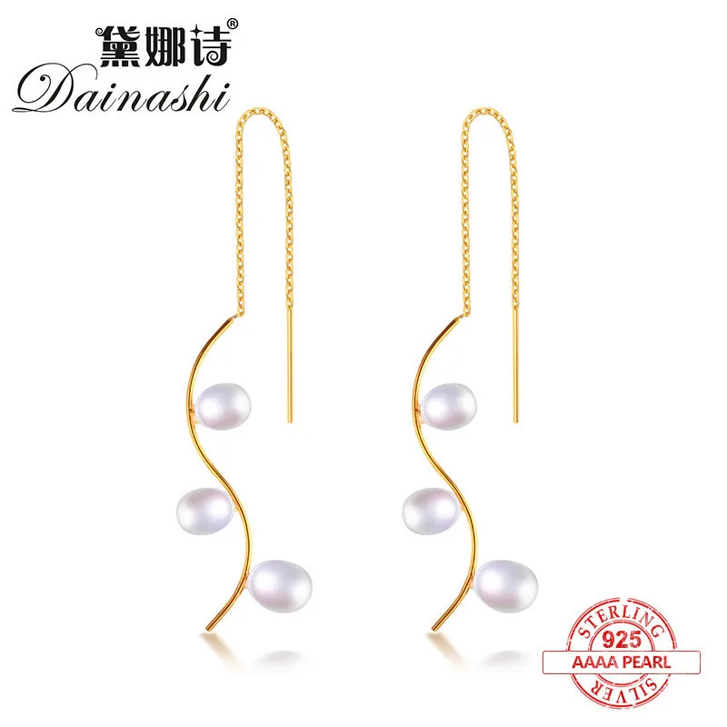

Dainashi gold color S shape 925 silver perfect real high quality pearl women drop long earrings with unique style fine jewelry
