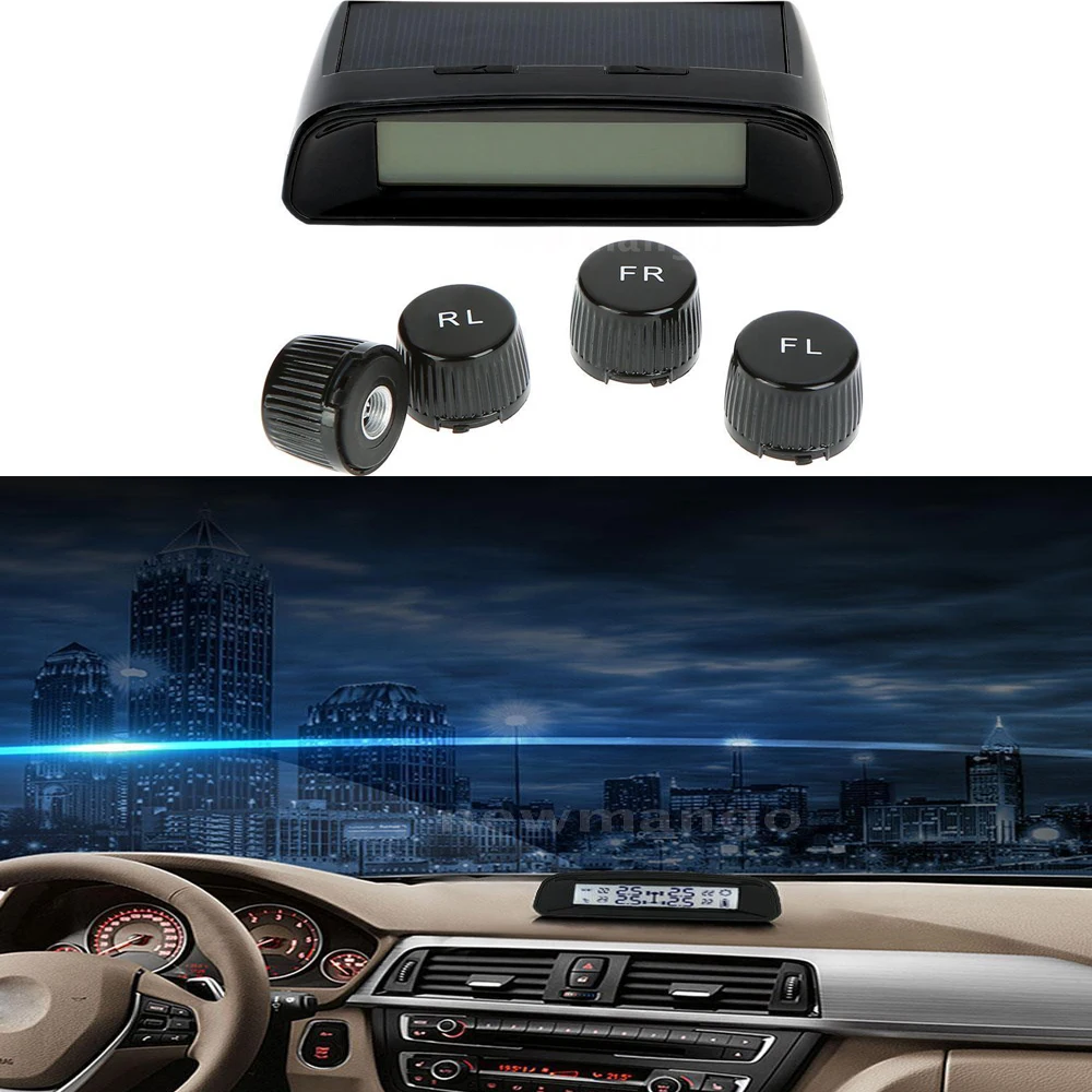 

Wireless Solar Car Tire Pressure Monitoring System DIY TPMS with 4 External Sensors Bar/PSI Unit