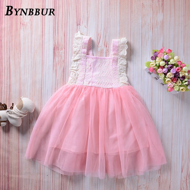Bynbbur Lace Mesh Patchwork Ruffles Princess Dress Girls Bow Party Dress Backless Cute Baby Kid Girls Dress 2019 Summer New