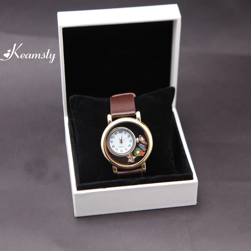 

Keamsty Brown Belt Stainless Steel Quartz Watch Locket Bracelet Set with Floating Charms and Gift Box
