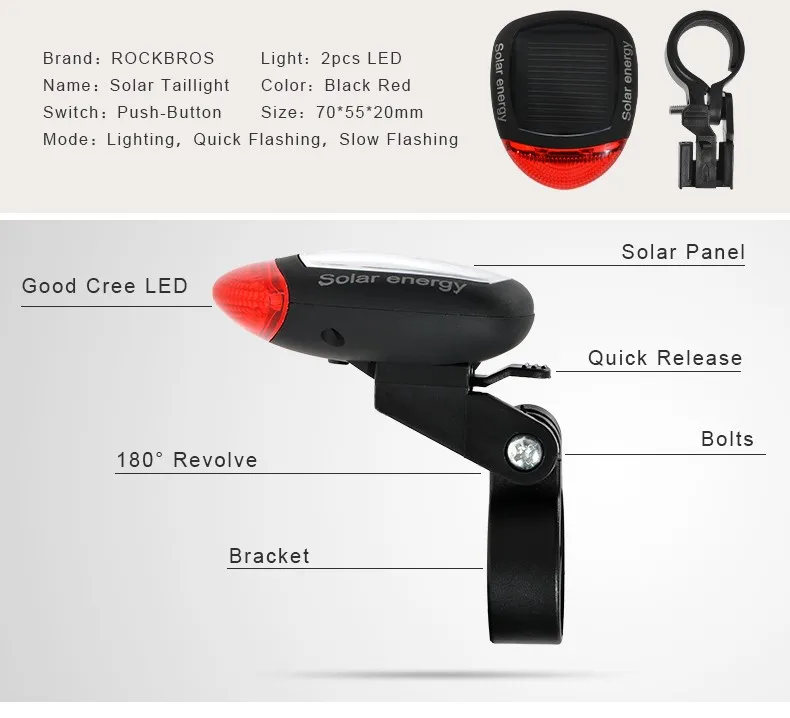 Flash Deal ROCKBROS Cycling Bike Bicycle LED Rear Light Solar Power Lamp Safety Warning Light Bicycle Seatpost Tail Light Bike Accessories 2