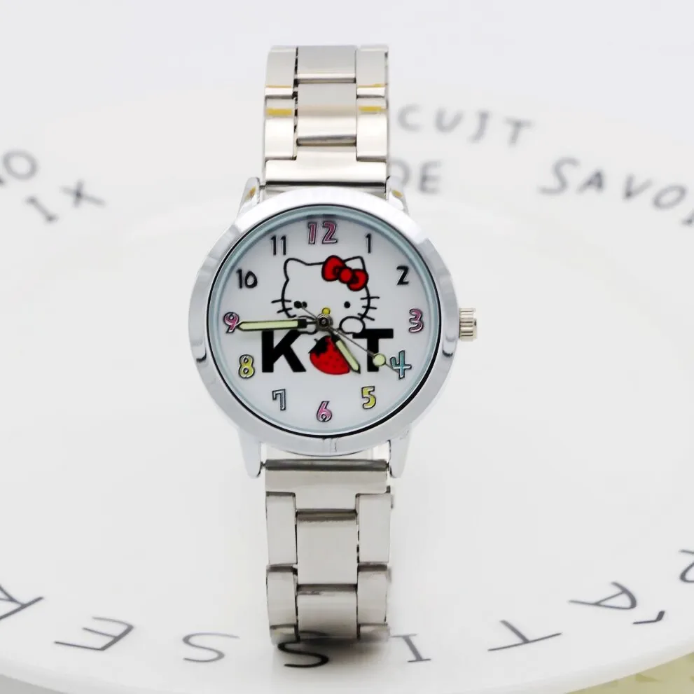 Полный сталь часы Hello Kitty для женщин кварцевые наручные мультфильм милый часы детей 3D Клубника Мода Relojes Рождественский подарок