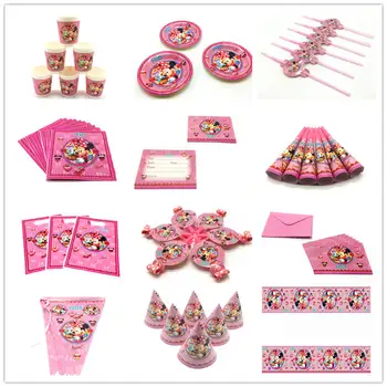 

Cartoon Disney Minne Mouse Theme Tablecover Kids Favor Pink Cup Plate Horn Pennant Supply Baby Shower Birthday Party Decoration