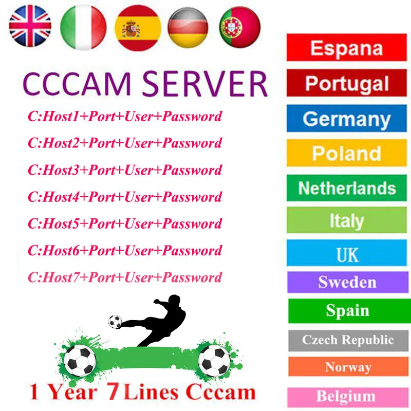 

2019 NEW 1 Year 7 lines cccams for Satellite tv Receiver lines WIFI FULL HD DVB-S2 Support via USB Wifi