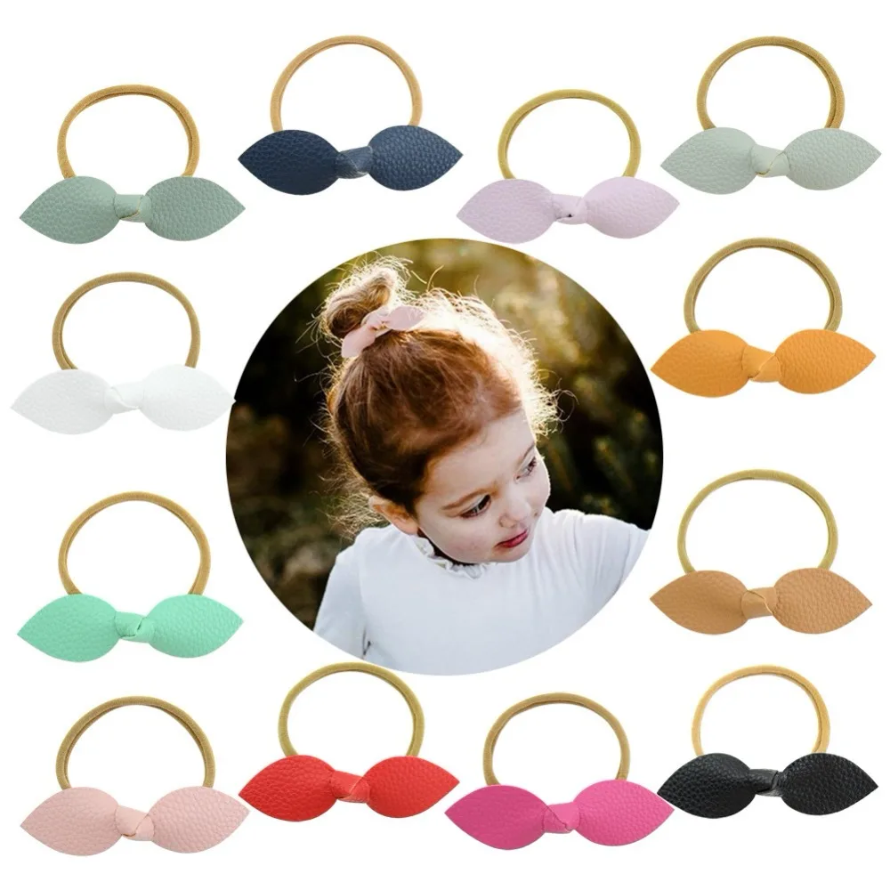 

12Pcs/lot Leather Solid Leaves Elastic Band Headband For Kids Girls Handmade Hair Rope Children Hair Accessories 862