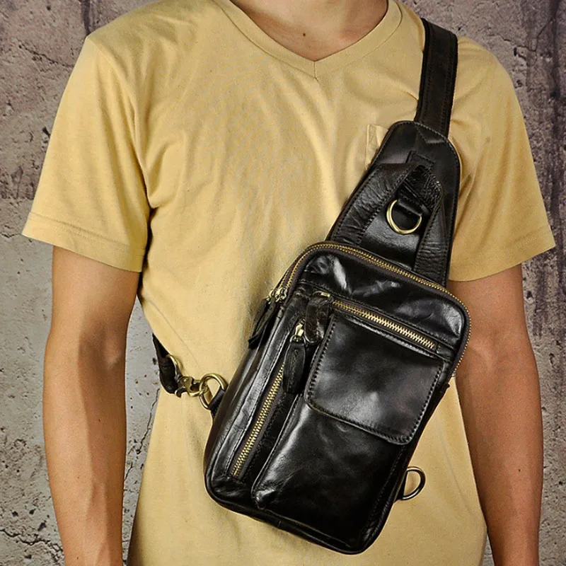 

Men High Quality Oil wax Genuine Leather First Layer Cowhide Vintage Riding Sling Chest Bag Travel Crossbody Pack Handbag