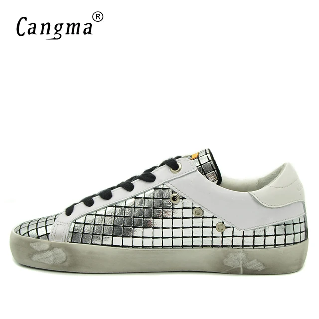 CANGMA Fashion Retro Brand Sneakers Men Silver Shoes Genuine Leather Breathable Lace-up Shoes Male Casual Shoes Man Flats