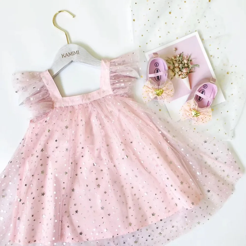 Летние платья для девочек, милое розовое Сетчатое платье с хлопковой подкладкой и рисунком звезды для малышей